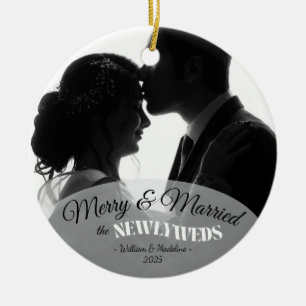 Elegant Modern Minimalist Black And White Newlywed Ceramic Ornament