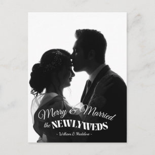 Elegant Modern Minimalist Black And White Newlywed Holiday Postcard