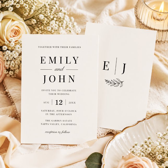 Elegant Modern Minimalist Black & Beige Wedding Invitation (Creator Uploaded)