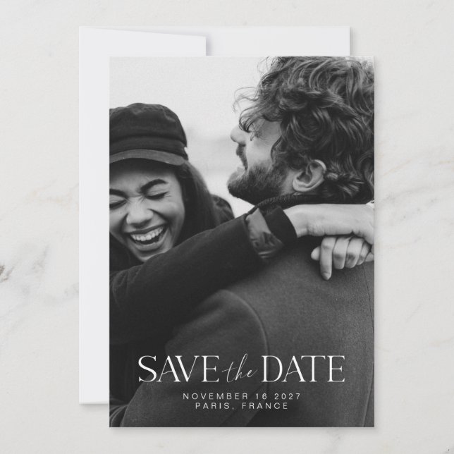 Elegant Modern Minimalist Calligraphy Couple Photo Save The Date (Front)