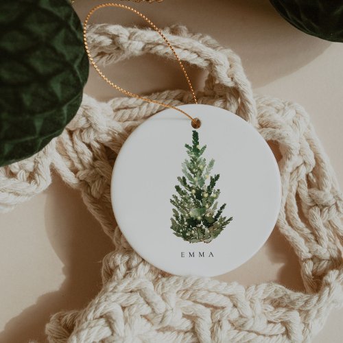 Elegant Modern Minimalist Christmas Tree Name Ceramic Ornament