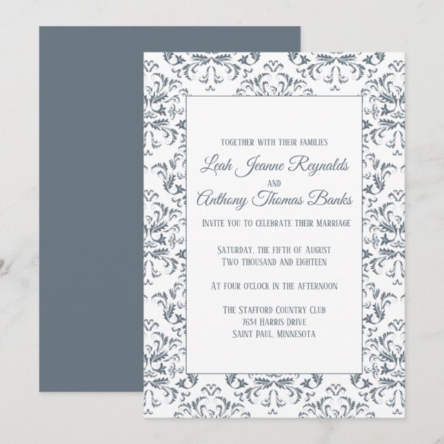 Elegant Modern Minimalist Dusty Blue Damask Invitation (Front/Back)