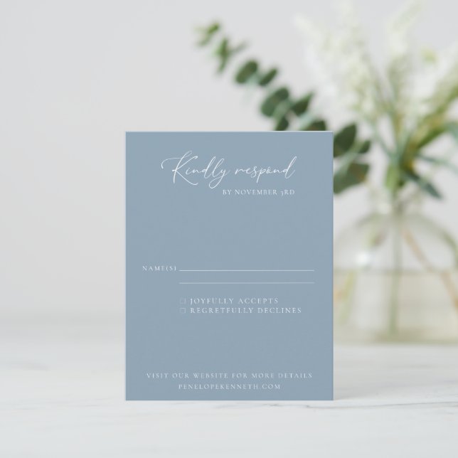 Elegant Modern Minimalist Dusty Blue Wedding  RSVP Card (Standing Front)