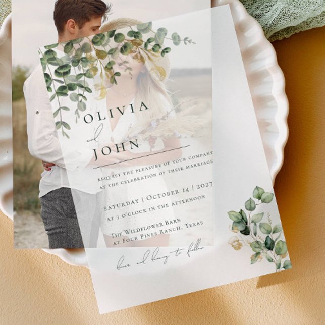 Elegant Modern Minimalist Eucalyptus Wedding Vellum Invitations (Creator Uploaded)