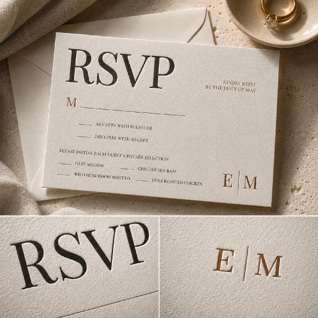 A letterpress RSVP card sits on top of a concrete table with a wedding ring in a little dish beside it. There are smaller zoomed-in snapshots of the letterpress printing also!