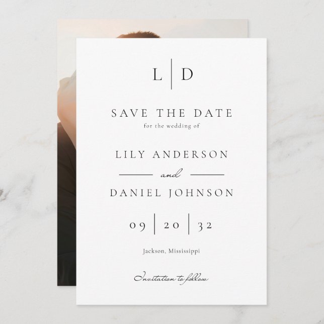 Elegant Modern Minimalist Monogram Photo Wedding Save The Date (Front/Back)