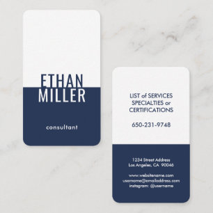 Elegant Modern Minimalist Navy Blue White Vertical Business Card