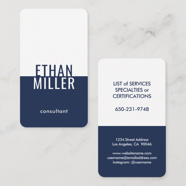 Elegant Modern Minimalist Navy Blue White Vertical Business Card (Front/Back)