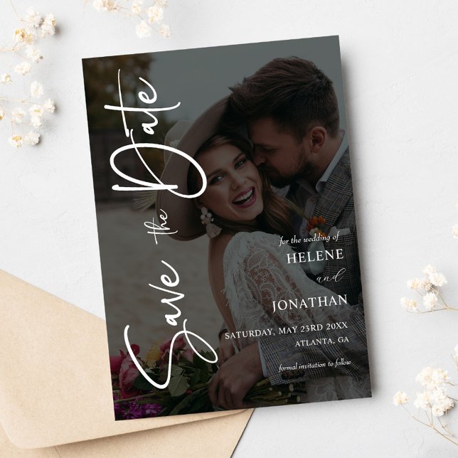 Elegant Modern Minimalist Photo Save The Date (Photo Minimal Calligraphy Wedding Save The Date)