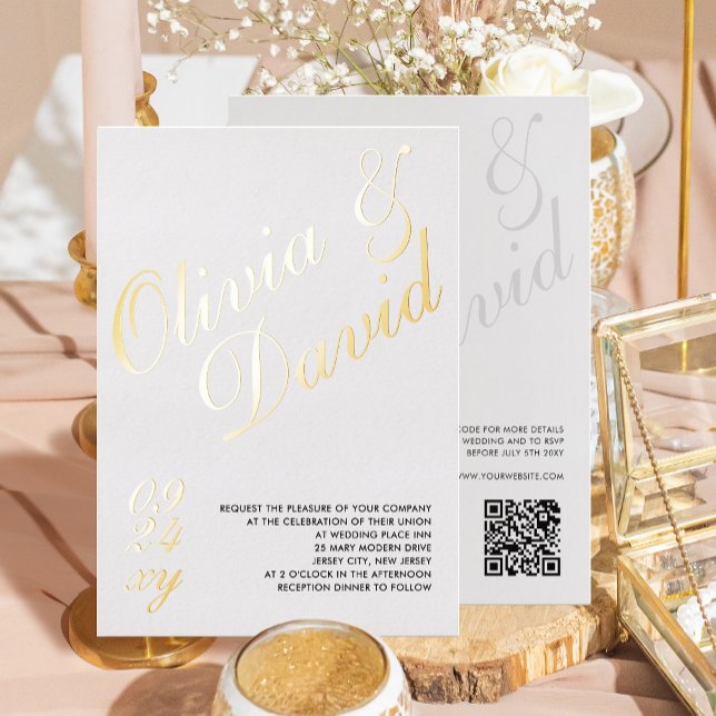 Elegant Modern Minimalist RSVP QR Back Wedding Foil Invitation (Creator Uploaded)