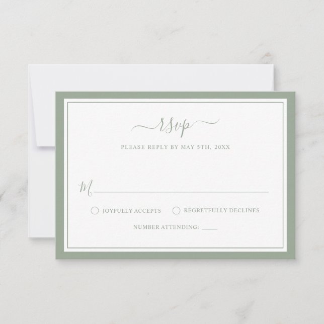 Elegant Modern Minimalist Sage Script Wedding RSVP Card (Front)