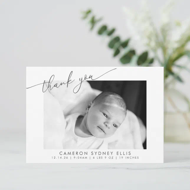Elegant Modern Minimalist Script Baby Photo Birth Thank You Card | Zazzle