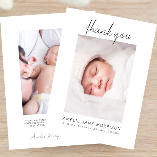 Elegant Modern Minimalist Script Baby Photos Birth Thank You Card