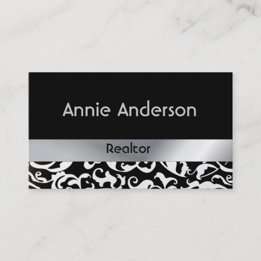 Customizable Posh Silver Damask Real Estate Business Cards