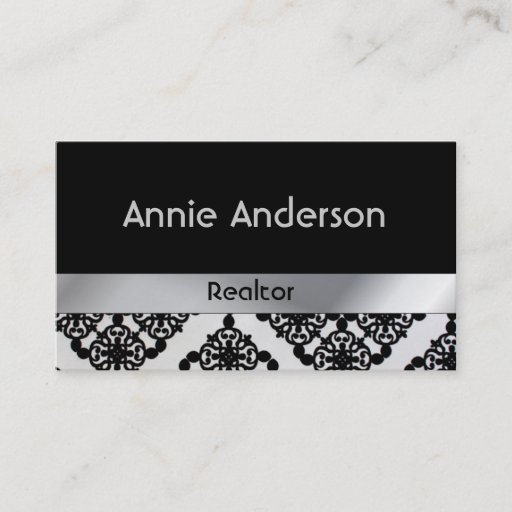 Customizable Posh  Silver Damask Real Estate Business Cards
