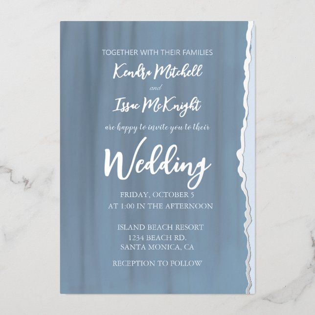 Elegant Modern Minimalist Slate Blue Wedding Foil Invitation (Front)