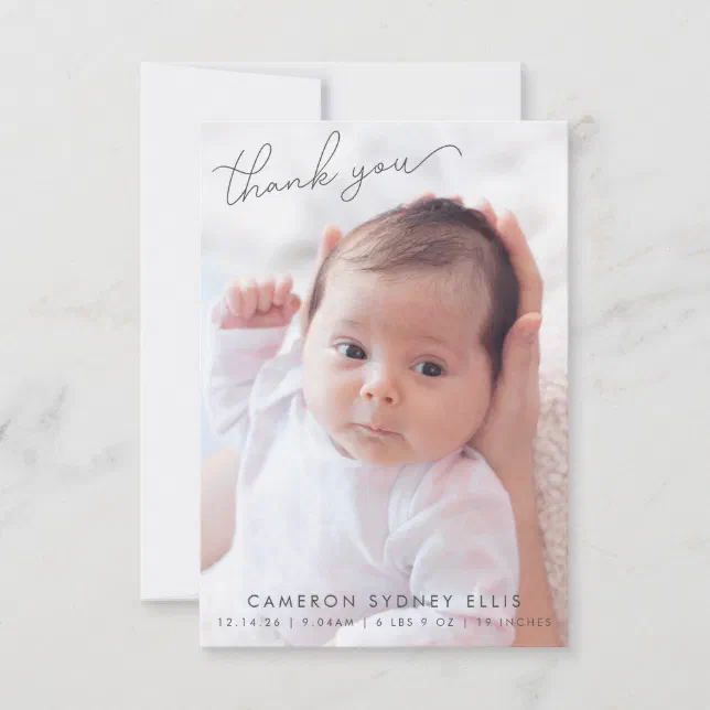 Elegant Modern Minimalist Two Baby Photo Birth Thank You Card | Zazzle