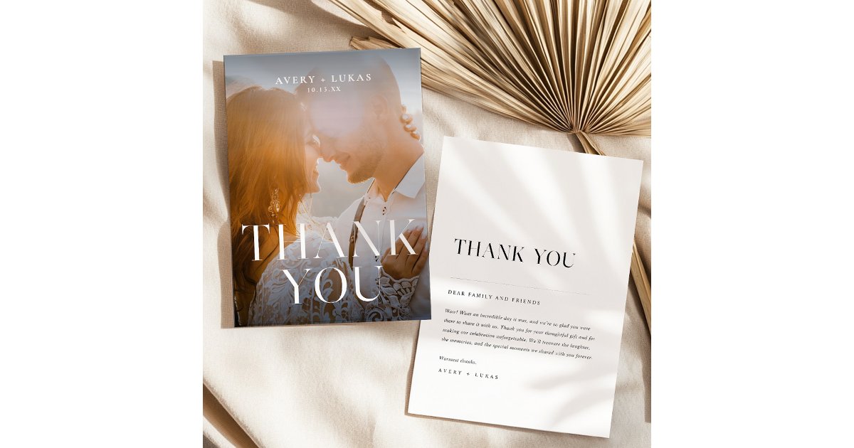Elegant Modern Minimalist Typography Photo Wedding Thank You Card | Zazzle