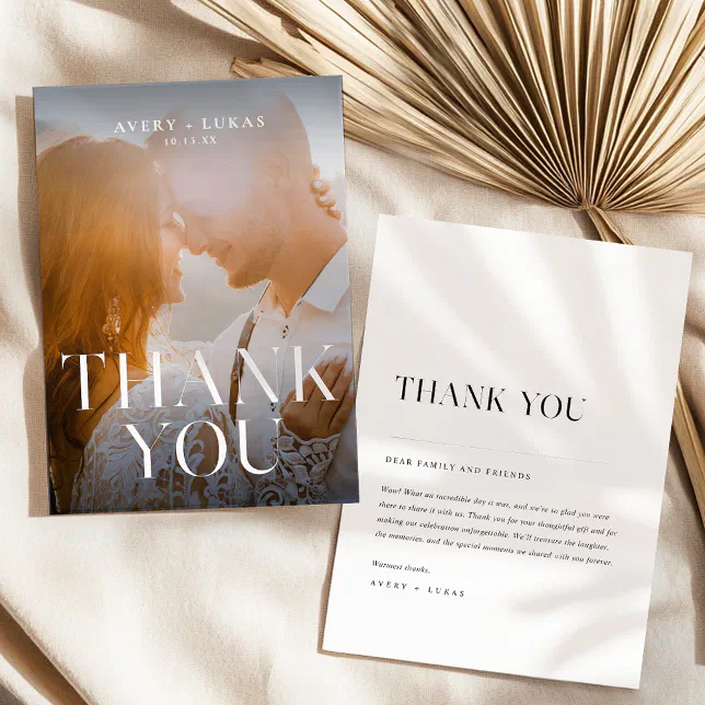 Elegant Modern Minimalist Typography Photo Wedding Thank You Card | Zazzle