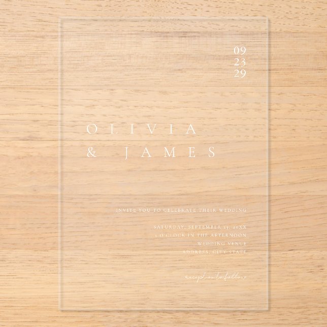Elegant Modern Minimalist Wedding Acrylic Invitations (Front)