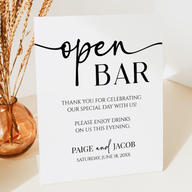 Elegant Modern Minimalist Wedding Open Bar Pedestal Sign (Creator Uploaded)