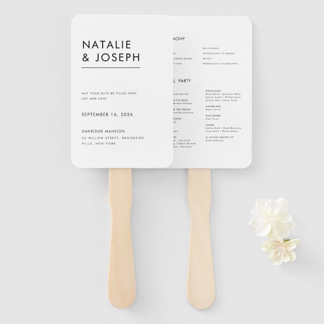 Elegant Modern Minimalist Wedding Program Hand Fan (Front and Back)