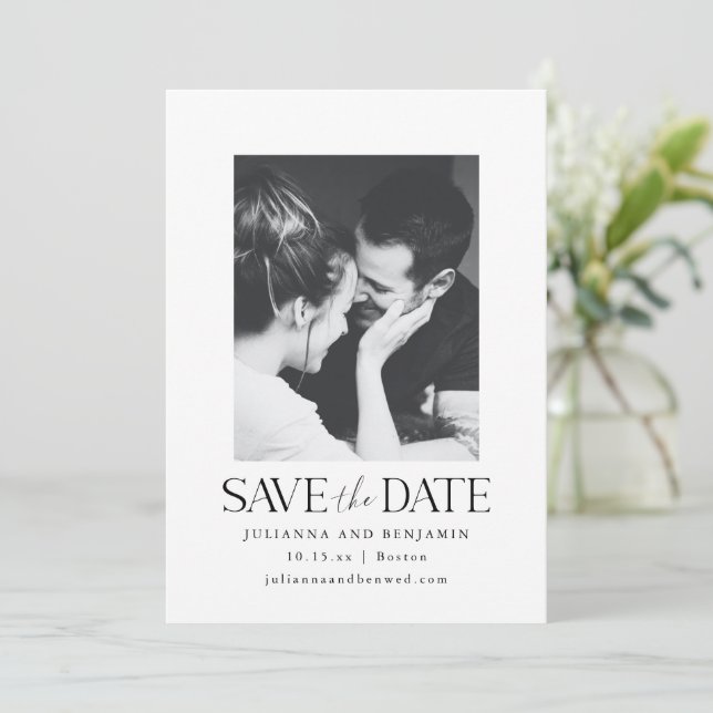 Elegant Modern Minimalist White Photo Wedding Save The Date (Standing Front)