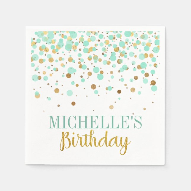 Elegant Modern Mint Gold Confetti Girl Birthday Napkins (Front)