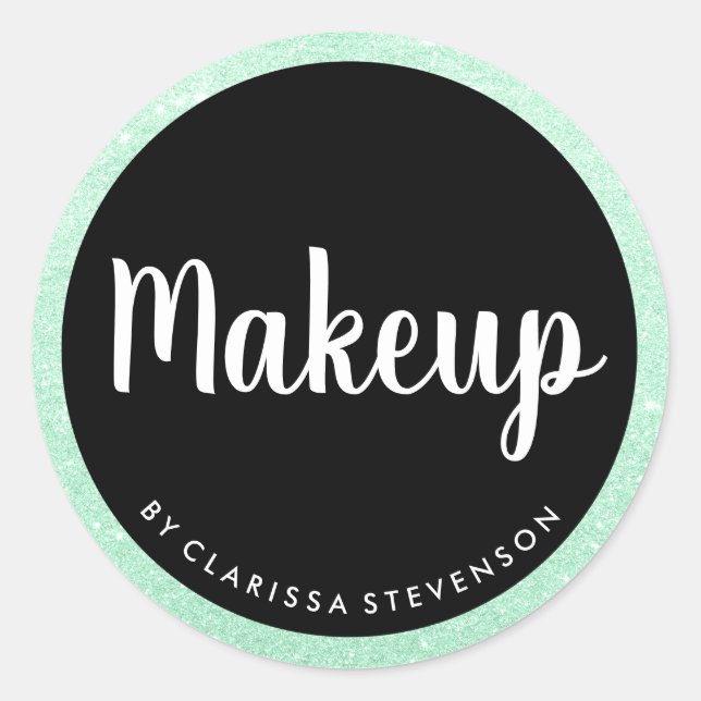 Elegant modern mint green glitter & black makeup classic round sticker (Front)