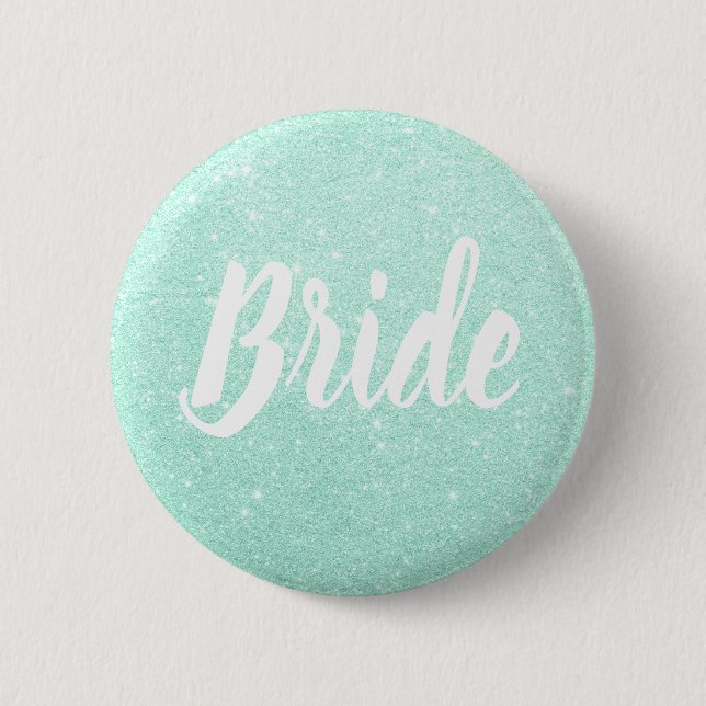 Elegant & modern mint green glitter bride wedding button (Front)