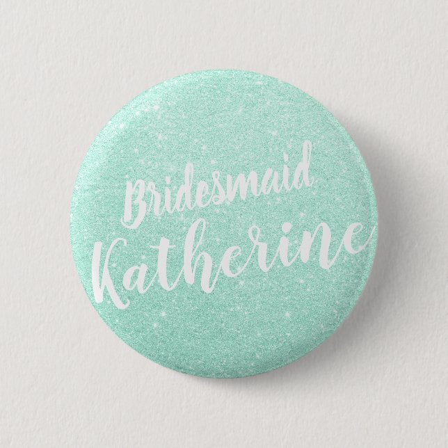 Elegant & modern mint green glitter bridesmaid button (Front)