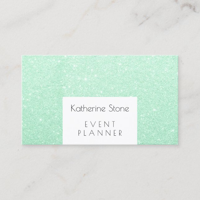 Elegant modern mint green glitter event planner business card (Front)