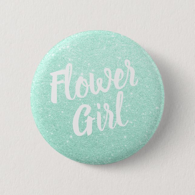 Elegant & modern mint green glitter flower girl button (Front)