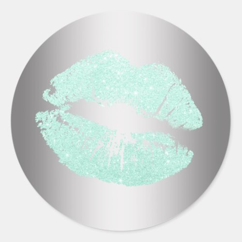 Elegant modern mint green glitter lips silver classic round sticker