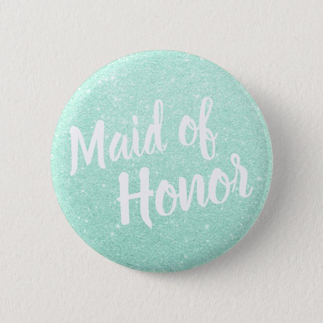 Elegant & modern mint green glitter maid of honor button (Front)