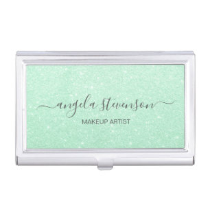 Elegant modern mint green glitter makeup artist business card case