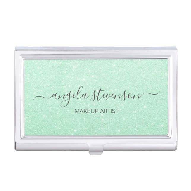Elegant modern mint green glitter makeup artist business card case (Front)