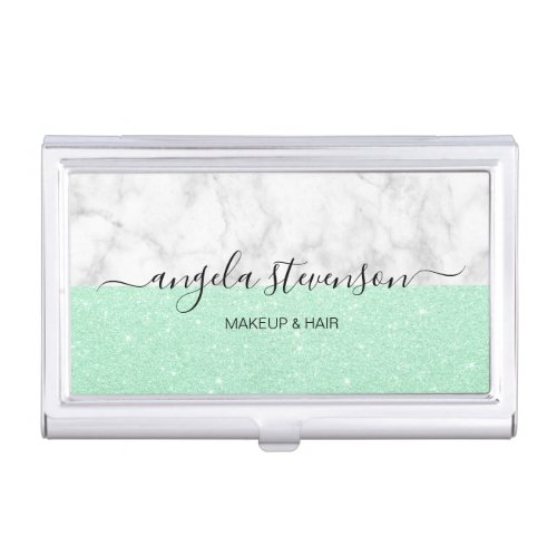 Elegant modern mint green glitter makeup artist business card case