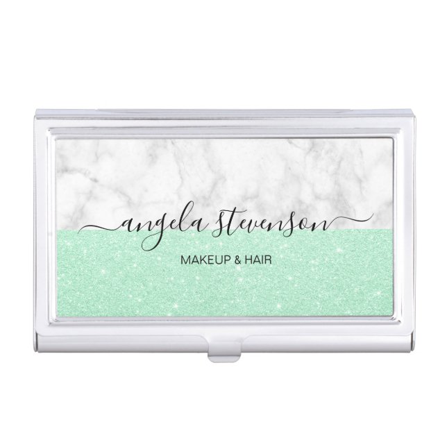 Elegant modern mint green glitter makeup artist business card case (Front)