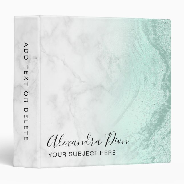 Elegant modern mint green glitter white marble 3 ring binder (Front/Spine)