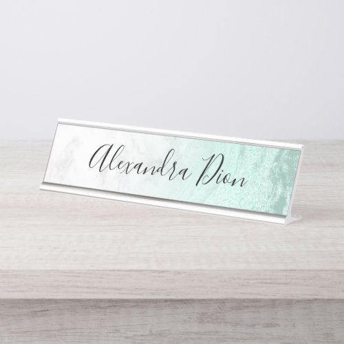 Elegant modern mint green glitter white marble desk name plate