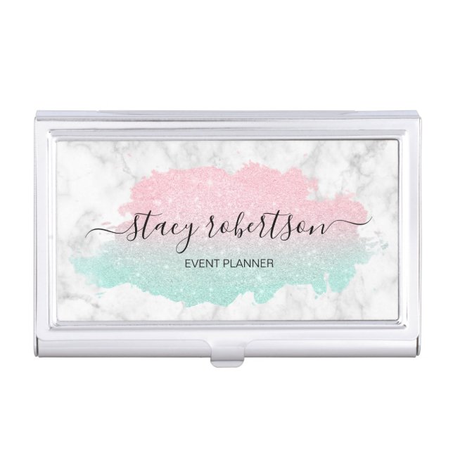 Elegant modern mint & rose gold glitter planner business card case (Front)