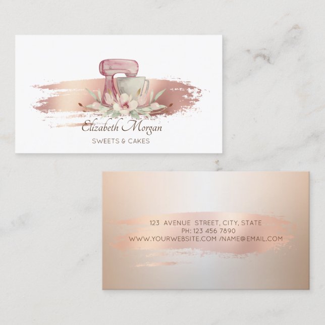 Elegant Modern Mixer Flower Brush Stroke Bakery Business Card (Front/Back)