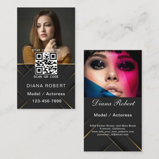  Elegant Modern Model and Actor 2 Photos QR Code  Business Card (Front/Back)