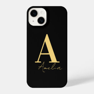 Elegant Modern Monogram Black Gold iPhone 14 Case
