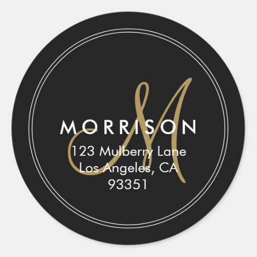 Elegant Modern Monogram Black Gold Return Address Classic Round Sticker