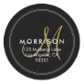 Elegant Modern Monogram Black Gold Return Address Classic Round Sticker