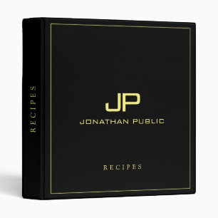 Elegant Modern Monogram Black Gold Template Recipe 3 Ring Binder