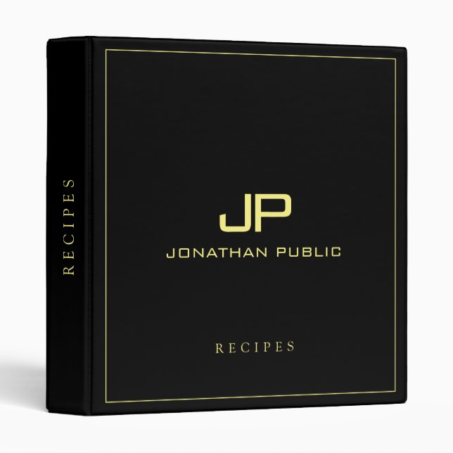 Elegant Modern Monogram Black Gold Template Recipe 3 Ring Binder (Front/Spine)