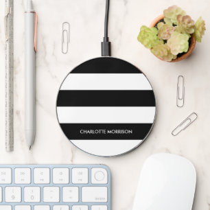 Elegant modern monogram black white stripes name wireless charger 
